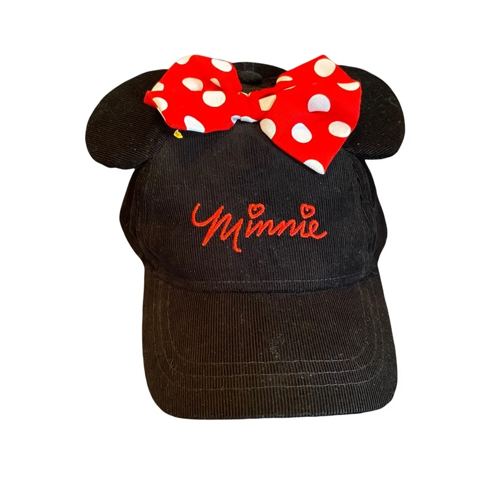 Disney Minnie Mouse Corduroy Hat Cap Girl’s Black Red Polka Dot Bow Ears One Sz